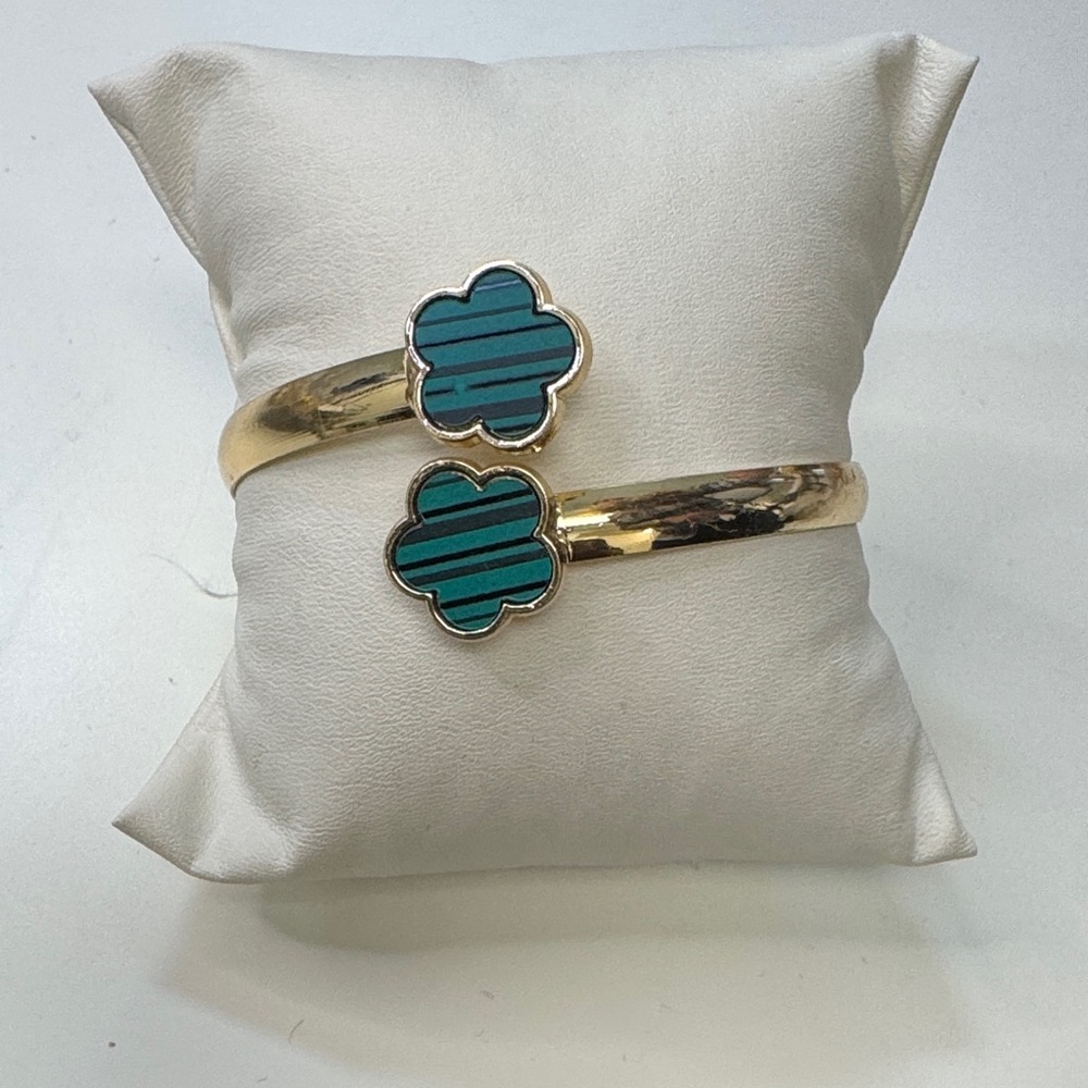 Gold color and Teal Flower Bangle Bracelet
